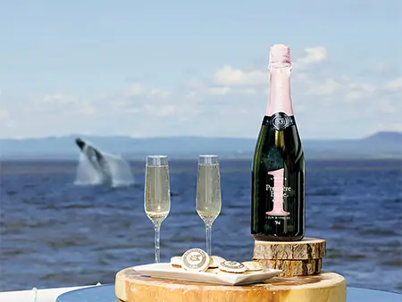 A bottle of sparkling wine and two filled glasses sit on a wooden platter by the ocean. Nearby are gourmet pastries. In the background, a whale breaches from the water under a partly cloudy sky