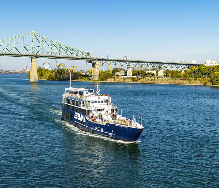 Un bateau de tourisme bleu navigue sur une large rivière sous un pont en acier vert. La scène ensoleillée révèle l'horizon d'une ville au loin et des arbres luxuriants bordant les rives, le tout sous un ciel bleu clair.