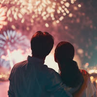 Un couple regarde un feu d'artifice coloré illuminant le ciel nocturne, avec des reflets scintillants sur l'eau et des lumières urbaines en arrière-plan.