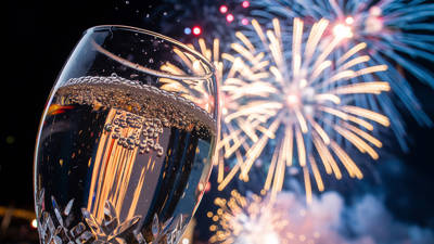 Un gros plan d'une flûte de champagne pétillant au premier plan, avec des feux d'artifice éclatants illuminant le ciel nocturne en arrière-plan.