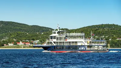 A large ferry with the letters "AML" sails on a body of water. It's a sunny day with clear skies. In the background, there are green hills and a small town with red-roofed buildings along the shoreline.