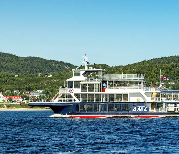 A large ferry with the letters "AML" sails on a body of water. It's a sunny day with clear skies. In the background, there are green hills and a small town with red-roofed buildings along the shoreline.