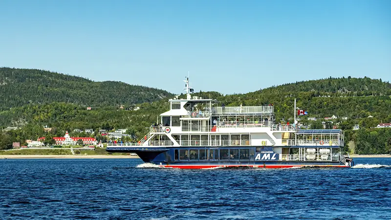 A large ferry with the letters "AML" sails on a body of water. It's a sunny day with clear skies. In the background, there are green hills and a small town with red-roofed buildings along the shoreline.
